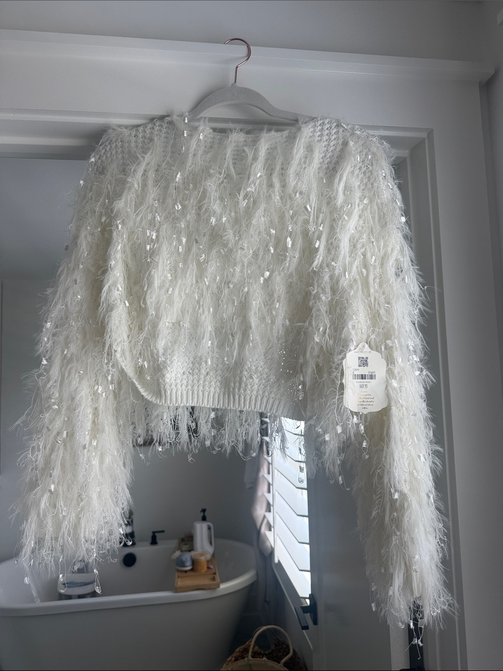Altar'd State White Feathered Sequin Crewneck Sweater